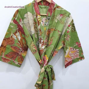 Green color cotton kimono robes | Party wear robes | Hand block print | Long sleeve robes | Bridesmaid robes | Gift for Christmas.