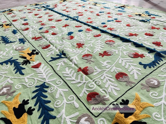 Handmade Uzbek Suzani Bed Cover: Embroidered Cotton Bohemian Throw (60x90 Inch)