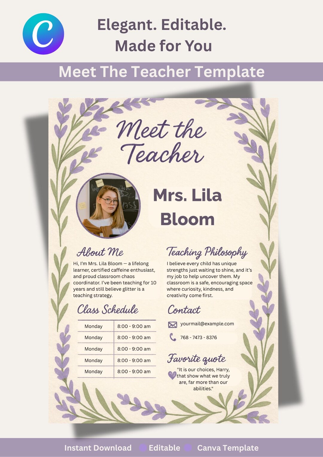 Lavender Meet the Teacher Template: Watercolor Floral Printable (canva ...