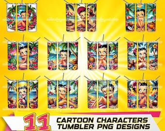 May include: Eleven colorful cartoon character tumbler designs featuring a tropical theme. Each design features a different cartoon character with a unique pose and expression. The tumblers are perfect for adding a fun and whimsical touch to any beverage.