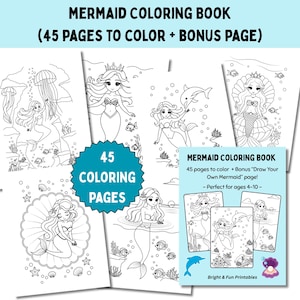 Mermaid Coloring Book for Kids | 45 Cute Pages to Color + Bonus Activity | Ocean-Themed PDF | Fun for Ages 4–10 | Instant Download