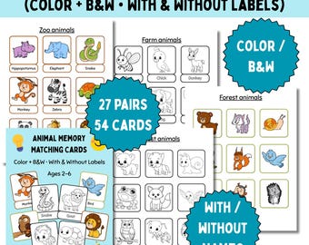 Juego de memoria de animales: tarjetas imprimibles, color y blanco y negro (PDF)