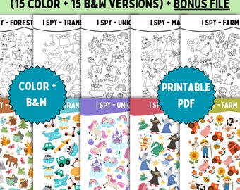 May include: A collection of printable I Spy activity books. The covers feature colorful illustrations and black and white versions. Themes include forest, transportation, unicorns, magic, and farm. The text reads "I Spy Activity Book".