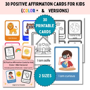 30 cartes d'affirmation positive pour les enfants - Posters et cartes mémoire imprimables (versions couleur + noir et blanc)