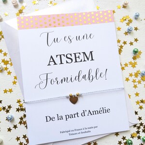 Cadeau de remerciement pour une ATSEM, bracelet cordon réglable avec breloque coeur, carte personnalisée ATSEM formidable, école maternelle