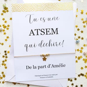 Cadeau de remerciement pour une ATSEM, bracelet cordon réglable avec breloque coeur, carte personnalisée ATSEM qui dechire, école maternelle