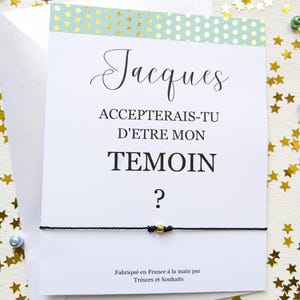 Demande de témoin personnalisée avec bracelet ajustable, annonce de témoin avec nom personnalisé, bijou minimaliste avec carte d'invitation
