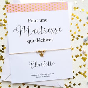 Cadeau de remerciement pour une maitresse, bracelet cordon réglable avec breloque etoile, carte personnalisée pour une super professeur