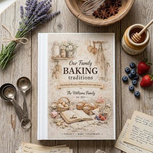 May include: A hardcover cookbook titled "Our Family Baking Traditions" with illustrations of baked goods, ingredients, and handwritten recipes. The image includes measuring spoons, a whisk, honey, berries, and lavender.