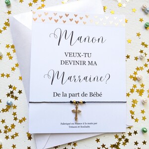 Bracelet marraine en cordon réglable, carte de demande de nom personnalisé, invitation personnalisée avec enveloppe, bijou breloque croix
