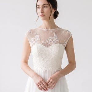 Cap Sleeve Lace Wedding Dress Topper, Sheer Illusion Boatneck Bridal Overlay, Detachable Lace Bolero for Strapless Gown