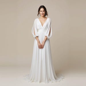 Grecian-Inspired Wedding Dress – Flowing Chiffon Gown with Bishop Sleeves - Deep V-Neck Boho Bridal Look - goddess beach wedding dress