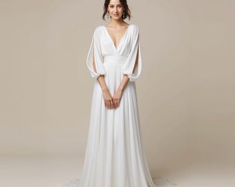Grecian-Inspired Wedding Dress – Flowing Chiffon Gown with Bishop Sleeves - Deep V-Neck Boho Bridal Look - goddess beach wedding dress