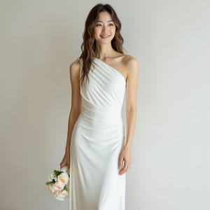 One-Shoulder Ruched Wedding Dress – Minimalist Gown with Side Slit -Modern Sleek Bridal Look - toga bridal gown - simple wedding dress