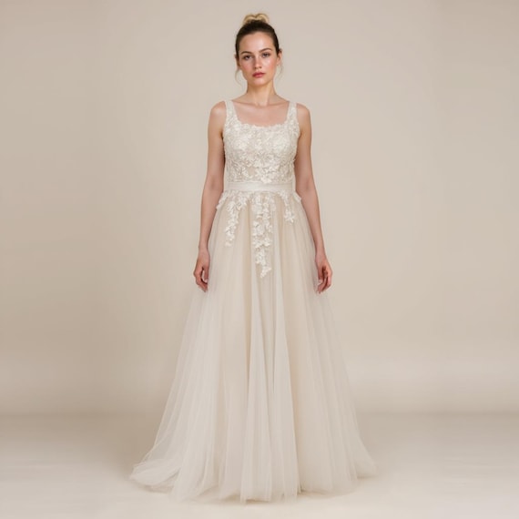 Floral Scoop Neck Wedding Dress - Square Neck Floral applique Gown - Romantic Garden Bridal Gown - Floral lace tulle Wedding Dress