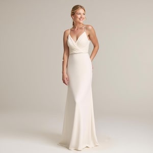 Minimalist Spaghetti Strap Wedding Dress – Sleek Fitted Gown with Draped Bodice - Effortless Modern Bridal - Beach elopement bridal gown