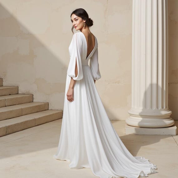 Grecian-inspired Wedding Dress – Flowing Chiffon Gown With Bishop
