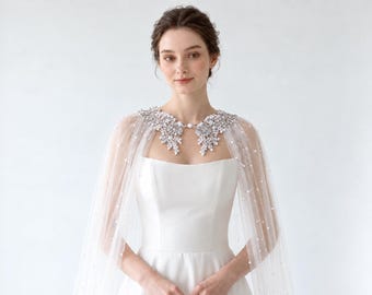 White Pearl Bridal Cape, Long Cathedral Wedding Cape with Floral Embroidery, Detachable Tulle Wedding Dress Train