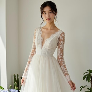 Vestido de noiva de renda com manga comprida – corpete com decote em V profundo e saia de tule – vestido de noiva romântico e modesto – vestido de renda estilo boho – vestido de noiva de inverno