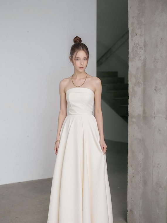 Strapless Satin Wedding Dress with Corset Back | Clean Minimalist Bridal Gown with Full Skirt | Bustier Bridal Gown/ Reception Wedding Dress Strapless Satin Wedding Dress with Corset Back | Clean Minimalist Bridal Gown with Full Skirt | Bustier Bridal Gown/ Reception Wedding Dress