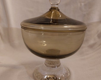 Mid Century Erikson Smoke Glass Controlled Bubble Covered Compote