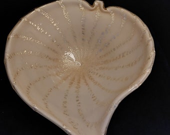 Large Mid Century Barovier & Toso Silver Flaked Pink Leaf Bowl