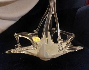 Mid Century Murano Pulled Glass White and Clear Glass Basket with Label