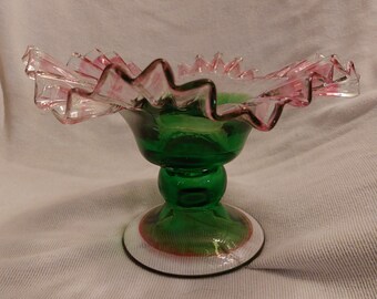 Mid Century Murano Ruffled Compote in Green and Pink Glass