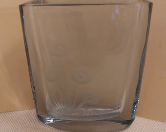 Mid Century Signed Strombergshytten Blue Etched Glass Vase #1015