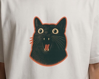 Vintage T-shirt met zwarte kat voor Halloween: griezelig T-shirt met graphic print en retro oranje omlijning.