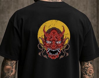 Japanese Oni Mask Graphic Tee: Samurai Streetwear, Cyberpunk Style
