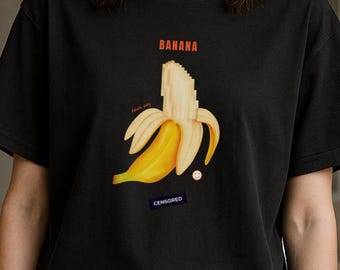 Funny Censored Banana Graphic T-Shirt: Quirky Pop Art Novelty Tee