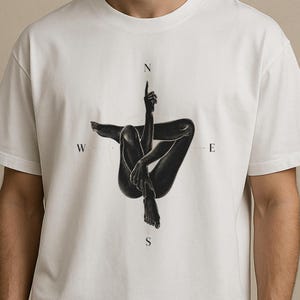 Blackwork Tattoo Shirt, Surreal Figure Compass Tee | Mystical Celestial Graphic T-Shirt | Dark Academia Esoteric Dotwork Streetwear