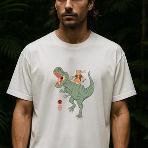 Samurai Cat Riding T-Rex Shirt: Funny Animal Graphic Tee
