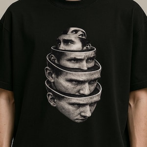 Könnte beinhalten: Schwarzes T-Shirt mit einer Graustufen-Grafik eines Männergesichts, das in einer absteigenden Anordnung geschichtet ist. Das Design erzeugt einen surrealen, künstlerischen Effekt. Das T-Shirt hat einen Rundhalsausschnitt.