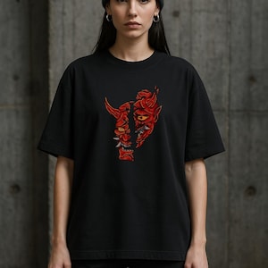 Demon Mask Shirt, Oni Samurai Tattoo Style, Japanese Horror Art Tee, Dark Aesthetic, Streetwear Graphic Tee, Skull Devil Face Shirt
