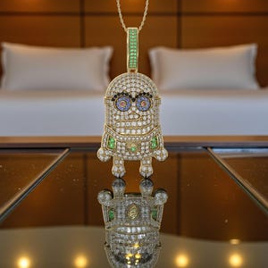Iced Minion Pendant: Lab Diamond 14K Gold Plated Sterling Silver Cartoon Charm