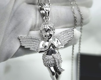 Iced Out Praying Angel Pendant: 925Sterling Silver,  Moissanite Diamond, Hip Hop Jewelry,14kt gold plated