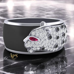 Panther Head Statement Ring in Sterling Silver with Black & White Moissanite | Bold Leopard Ring for Men or Women | Animal Jewellery Gift