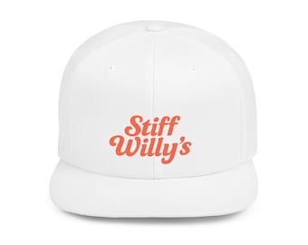 May include: A white baseball cap with a flat brim. The cap features the text "Stiff Willy's" in orange, stylized lettering across the front. The hat is a classic, casual accessory.