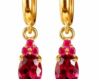 Natural Red Ruby Gemstone 925 Sterling Silver Drop Earring, 14K Gold Plated Earring For Women