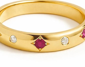 14k Gold Vermeil Ruby Wedding Band, Pave Stackable Ring, Handmade Jewelry, Red Gemstone Band For Women