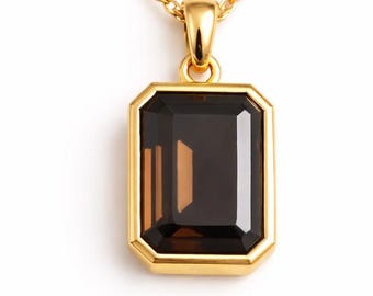 Smoky Quartz Pendant in 14k Gold Plated - Emerald Cut pendant With Chain, Brown Gemstone Statement Jewelry for Women