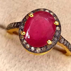 Bague en argent sterling 925 avec diamants naturels et rubis, bague avec pierres précieuses rouges pour femme, bague en rubis ovale pour femme