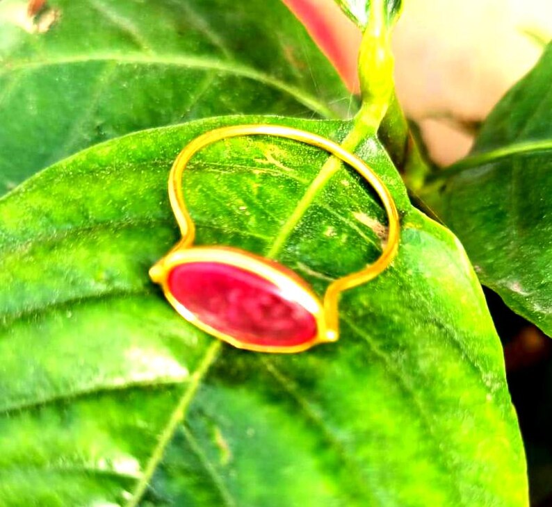 May include: A gold-colored ring with a red oval-shaped stone, set against a vibrant green leaf. The ring's design features a unique, flowing shape, creating a striking contrast with the natural background. The ring is a piece of jewelry.