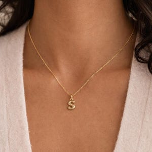 May include: A gold-colored necklace with a pendant in the shape of the letter "S". The pendant hangs from a delicate chain. The necklace is worn around the neck.
