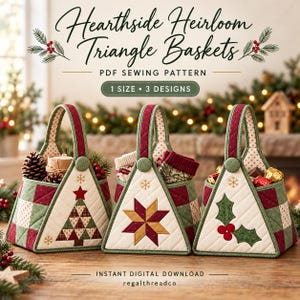 May include: Three quilted triangle baskets with fabric handles and button accents. The baskets feature patchwork sides in red and green, with front panels displaying a Christmas tree, a star, and holly berries. Text reads Hearthside Heirloom Triangle Baskets PDF Sewing Pattern 1 Size 3 Designs Instant Digital Download regalthreadco.