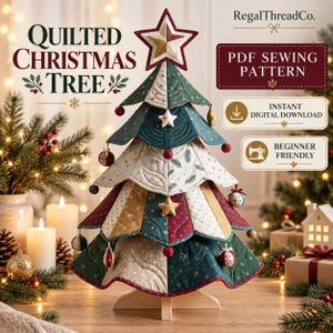 Könnte beinhalten: Ein Schnittmuster für einen gesteppten Weihnachtsbaum von RegalThreadCo. Der Baum besteht aus geschichteten Stoffbahnen in Grün, Creme, Gold und Burgunderrot mit Stern- und Schneeflockenmotiven. Er ist mit kleinen Anhängern und einem Stern verziert.