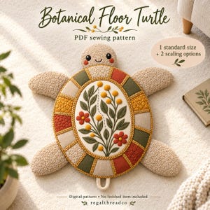 Naaipatroon voor een kussen met botanische schildpad, vloerkussen van bouclé patchwork, beginnersvriendelijk PDF-bestand.