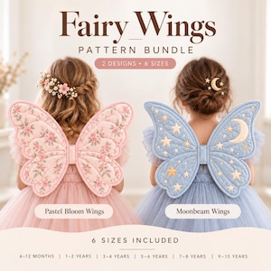 Op de afbeelding: Fairy Wings patroonbundel met twee ontwerpen en zes maten. Eén set doorgestikte vleugels is roze met een bloemenprint, gelabeld als Pastel Bloom Wings. De andere set is blauw met gouden sterren en een halve maan, gelabeld als Moonbeam Wings.